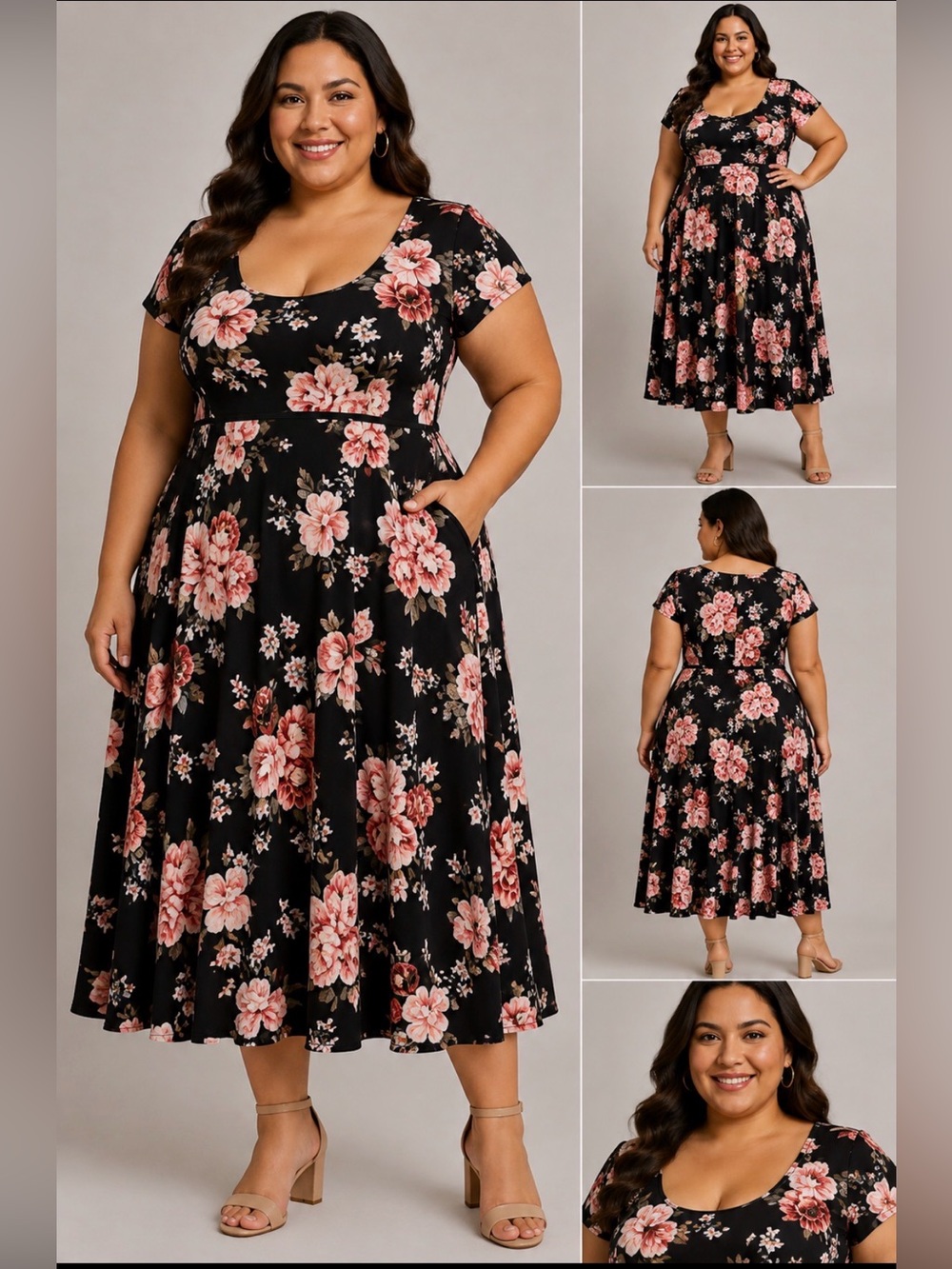 torrid Black Floral Scoop-Neck Fit & Flare Midi Dress